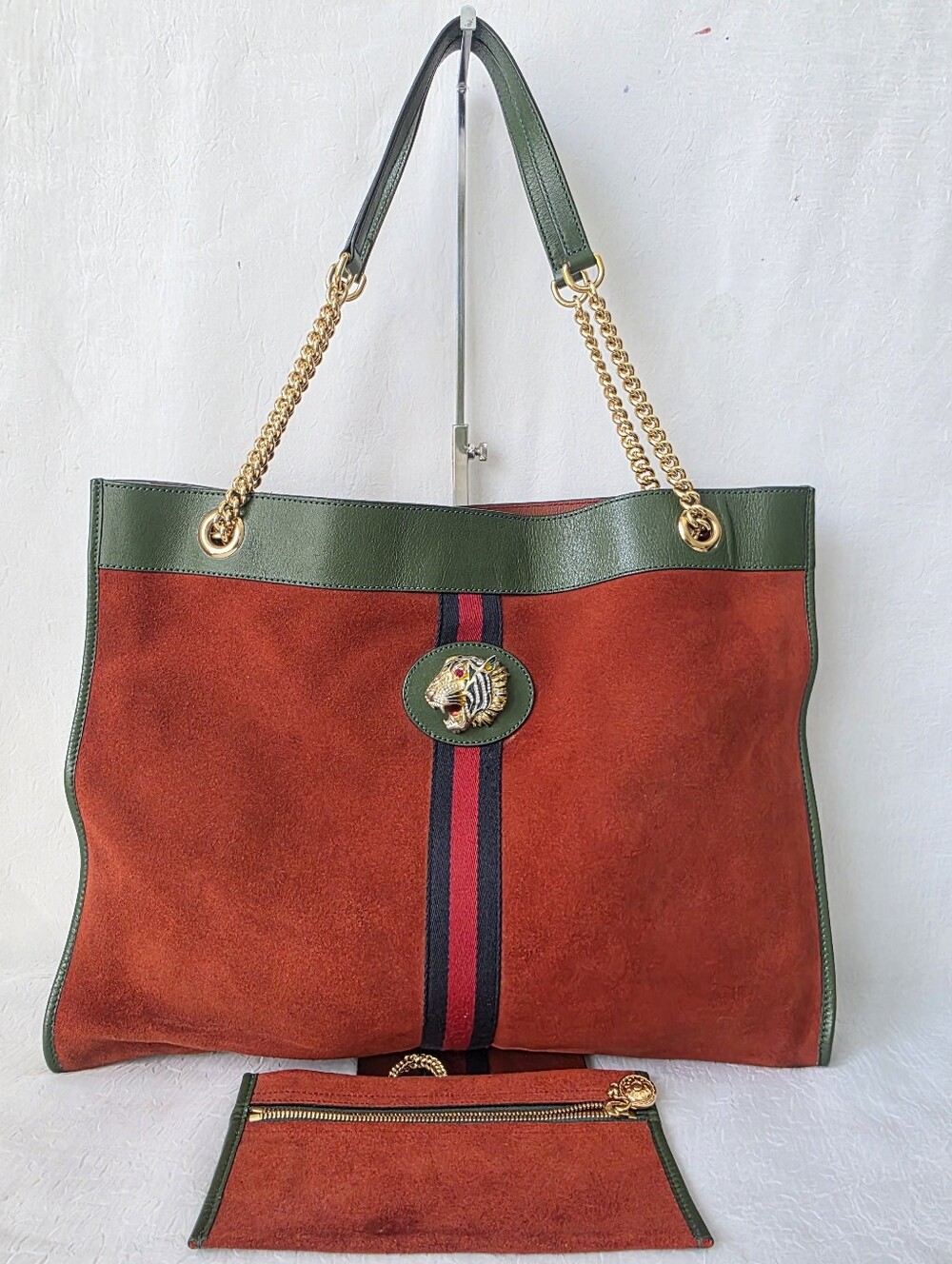 Gucci Rajah Red Suede Tote with Green Trim and Gold Chain Handles EUC. COA.